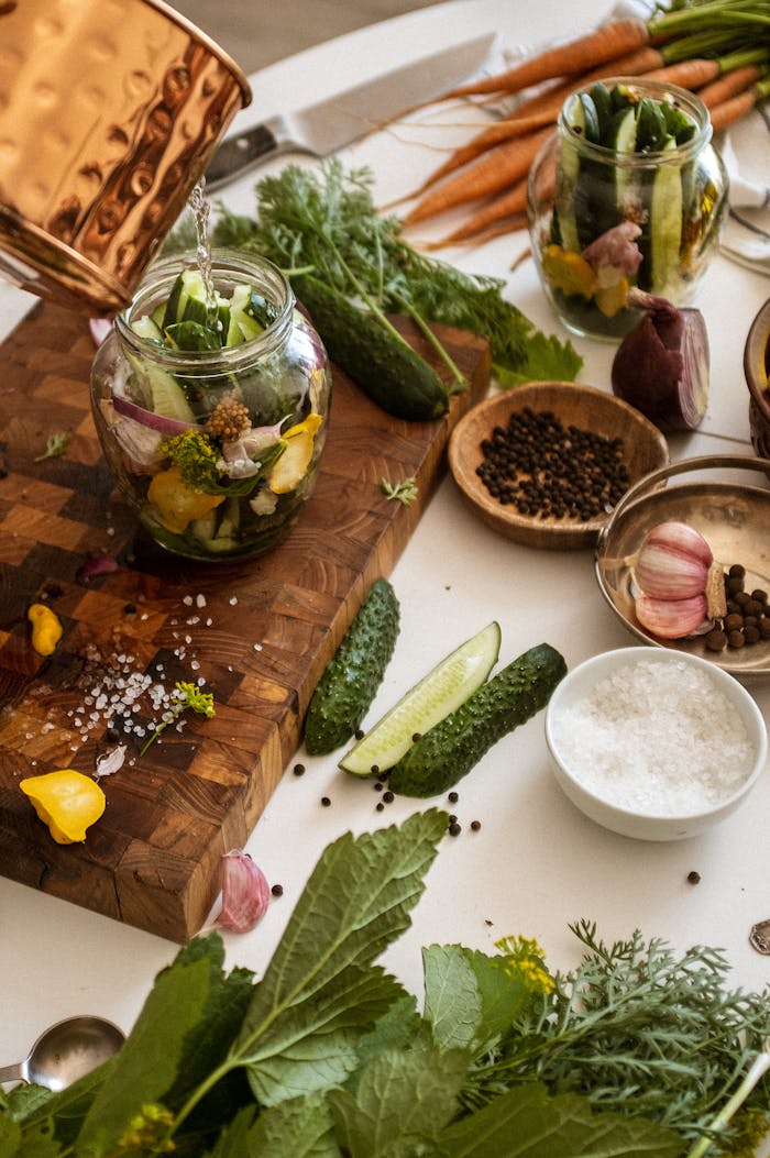 Top view of fresh ingredients for pickling cucumbers with herbs and spices on a wooden cutting board.